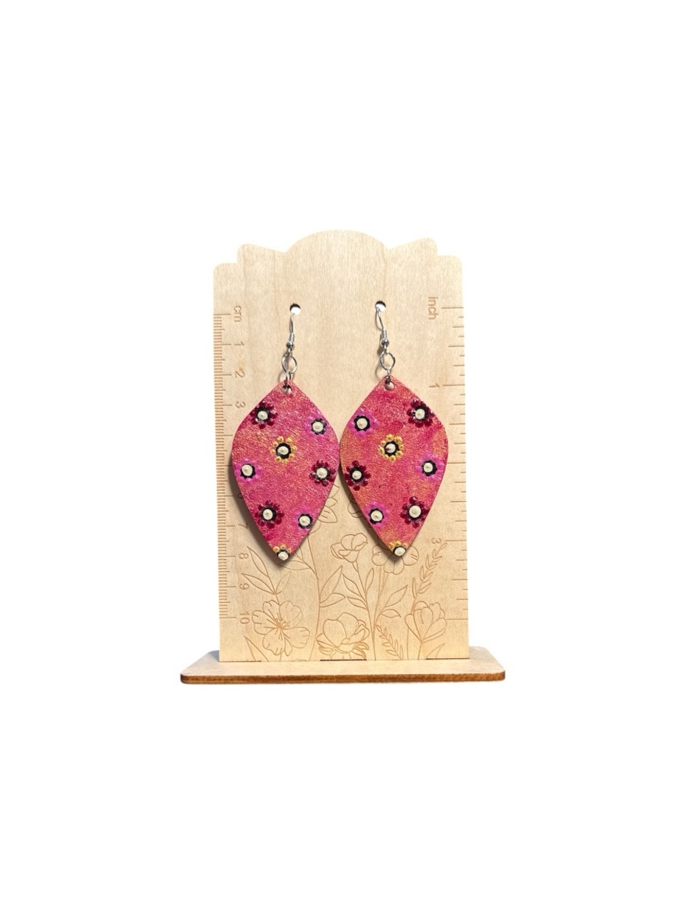 Handcrafted Pink Floral Wood Drop Earrings